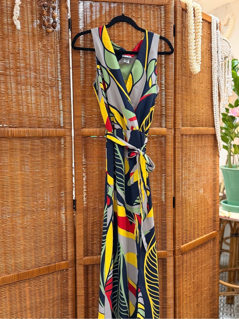 Manuhealii Tropical Print Wrap Maxi Dress in Navy, Yellow & Red